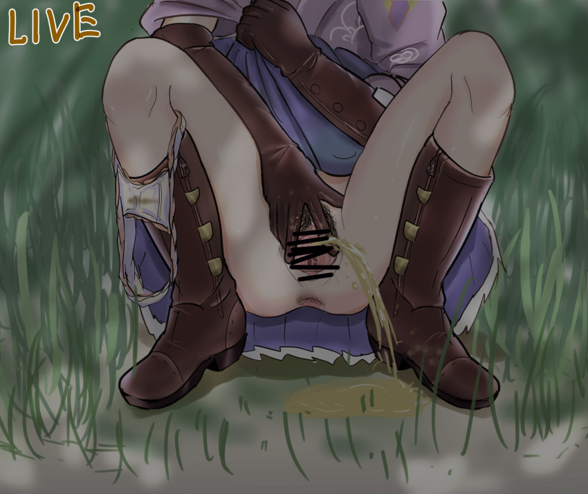 1girls anus bare_legs boots camera_view censored clothes_lift elbow_gloves female female_only female_pubic_hair fire_emblem gloves hymen legs lifted_by_self livestream minamoto_mamori more_at_source nintendo outdoors peeing pubic_hair pussy recording skirt_lift solo spread_pussy squatting tokorumi56 tokyo_mirage_sessions_#fe upskirt urine