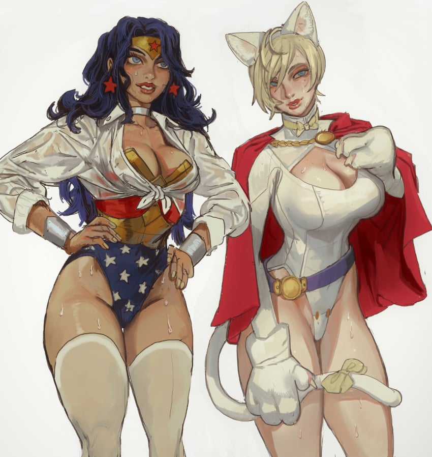 2022 2girls absurd_res amazon animal_ears big_breasts blonde_hair blouse blue_eyes breasts cat_ears cat_tail choker cleavage cleavage_cutout dark-skinned_female dark_blue_hair dark_skin dc dc_comics diana_prince earrings eyelashes eyeliner eyeshadow female female_only hi_res karen_starr kryptonian leotard light-skinned_female light_skin lingerie lipstick long_hair makeup mossa multiple_girls power_girl see-through shirt short_hair star_earrings stockings superman_(series) sweat tail thick_thighs white_background wide_hips wonder_woman wonder_woman_(series)