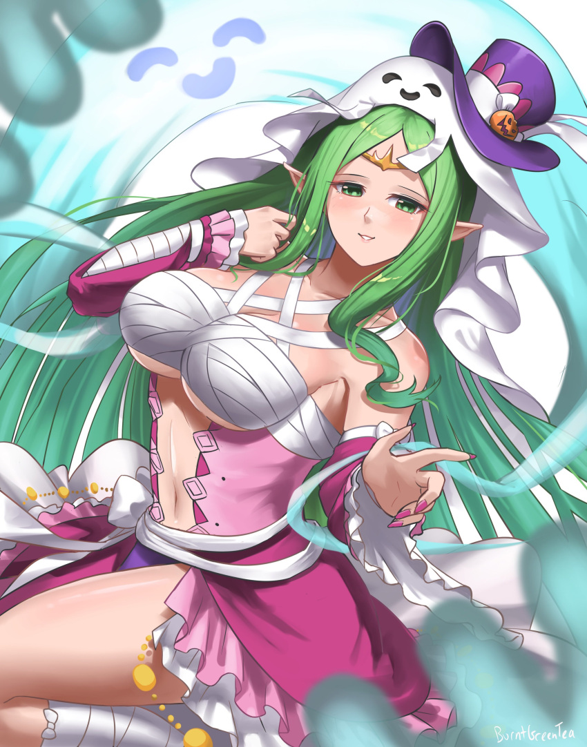 1girls absurdres alternate_costume bare_thighs breasts burnt_green_tea center_opening chest_sarashi cleavage female female_only fire_emblem fire_emblem_awakening fire_emblem_heroes ghost green_eyes green_hair halloween halloween_costume hat highres large_breasts long_hair looking_at_viewer naga_(fire_emblem) naga_(halloween)_(fire_emblem) nail_polish nintendo official_alternate_costume pink_nails pointy_ears sarashi smile solo thick_thighs thighs tiara top_hat underboob very_long_hair wrappings