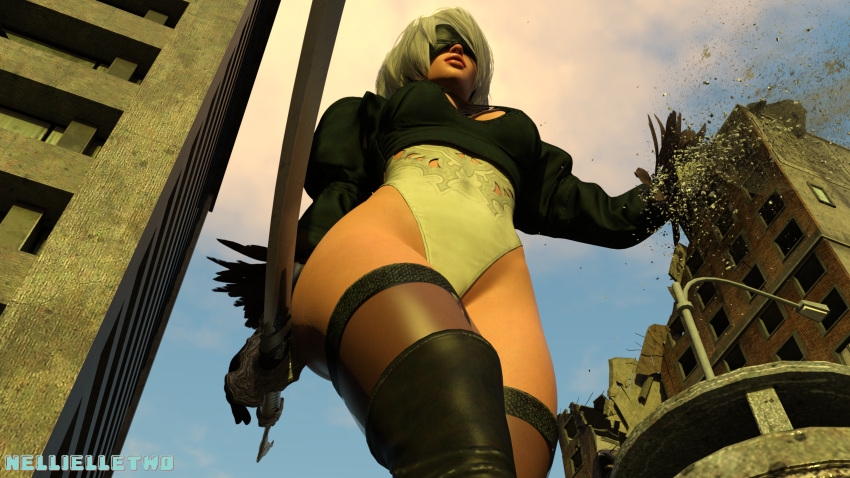 1girls 3d blindfold breasts city clothing destruction female female_only giantess light-skinned_female light_skin low-angle_view macro nellielle2 nier nier:_automata short_hair solo solo_female thighhighs white_hair yorha_2b