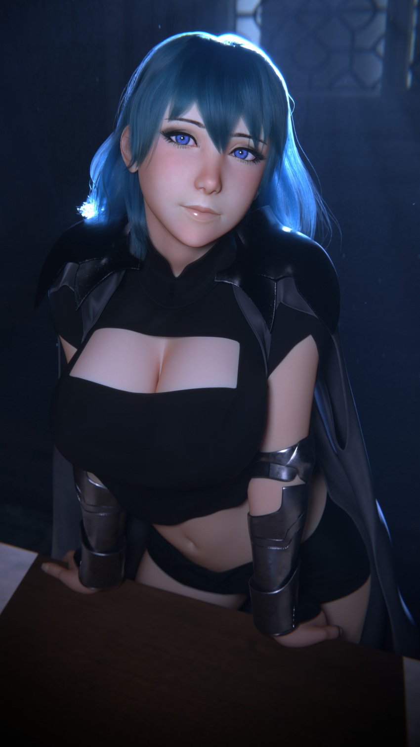 1girls 3d 9:16 absurdres arm_guards blue_eyes blue_hair breasts byleth_(fire_emblem) byleth_(fire_emblem)_(female) cape cleavage cleavage_cutout clothing_cutout crop_top desk female female_only fire_emblem fire_emblem:_three_houses highres j9006 large_breasts leaning_forward looking_at_viewer medium_hair midriff night nintendo short_shorts shorts smile solo teal_hair window