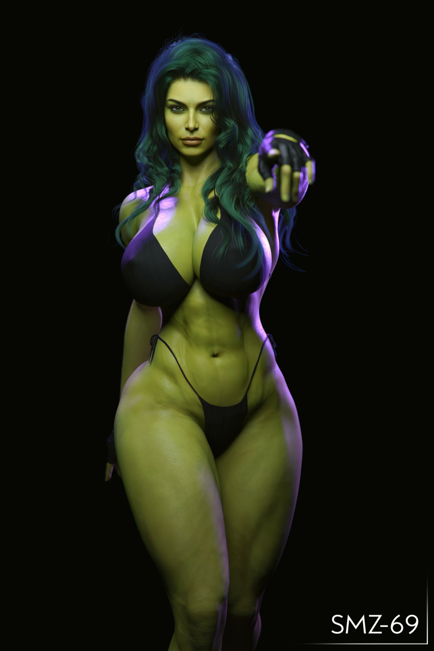 1girls 3d 3d_(artwork) abs absurd_res artist_name big_breasts bikini black_background black_bikini female female_only fingerless_gloves giant_breasts gloves green-skinned_female green_body green_hair green_skin hi_res huge_breasts hulk_(series) long_hair looking_at_viewer marvel marvel_comics pointing_at_viewer she-hulk smz-69 solo thick_thighs thighs toned toned_female wide_hips