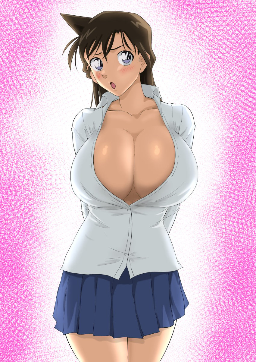 1girls asian asian_female big_breasts big_cleavage blue_eyes blush blush_lines blushing bottomless breasts brown_hair cleavage detective_conan exposed_chest female hi_res highres human iwao178 large_breasts long_hair open_mouth pale-skinned_female pale_skin ran_mouri school_uniform schoolgirl shiny shiny_breasts skirt thick_thighs topwear wide_hips