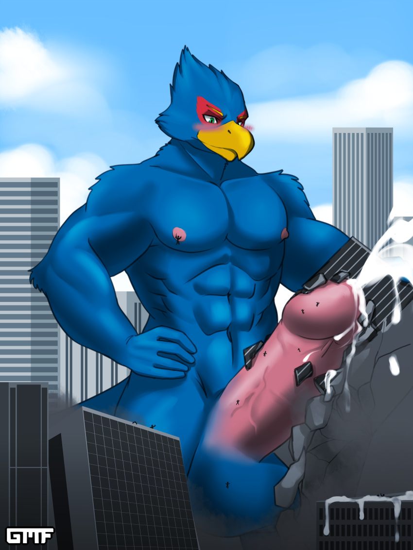 3:4 absurd_res avian balls big_penis bird blue_body blush bodily_fluids building city crush cum cum_on_ground cum_on_penis destruction erection falco_lombardi gasmaskfox genital_fluids genitals hi_res macro nintendo no_humans penis star_fox video_games worship