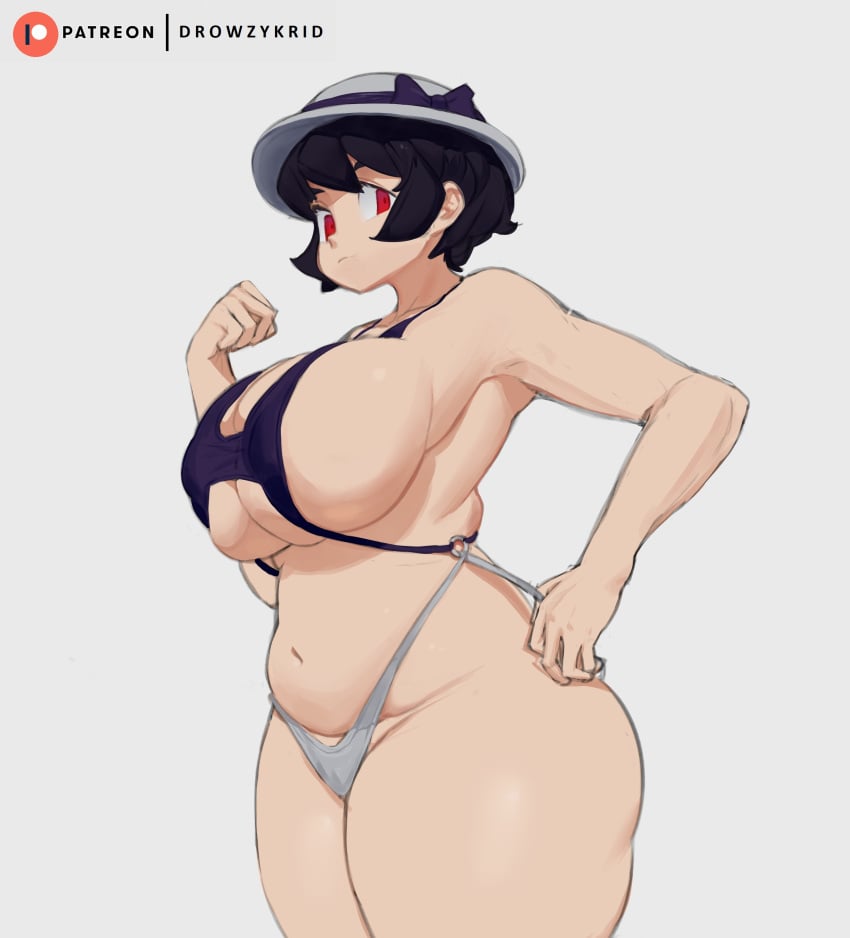 big_breasts black_hair bra clothing filia_(skullgirls) full_body happy hips hips_wider_than_shoulders huge_ass huge_breasts krid_(artist) large_ass mature_female samson_(skullgirls) short_hair skullgirls slightly_chubby stomach thick_ass thick_legs thick_thighs turtleneck underwear very_short_hair white_background wide_hips