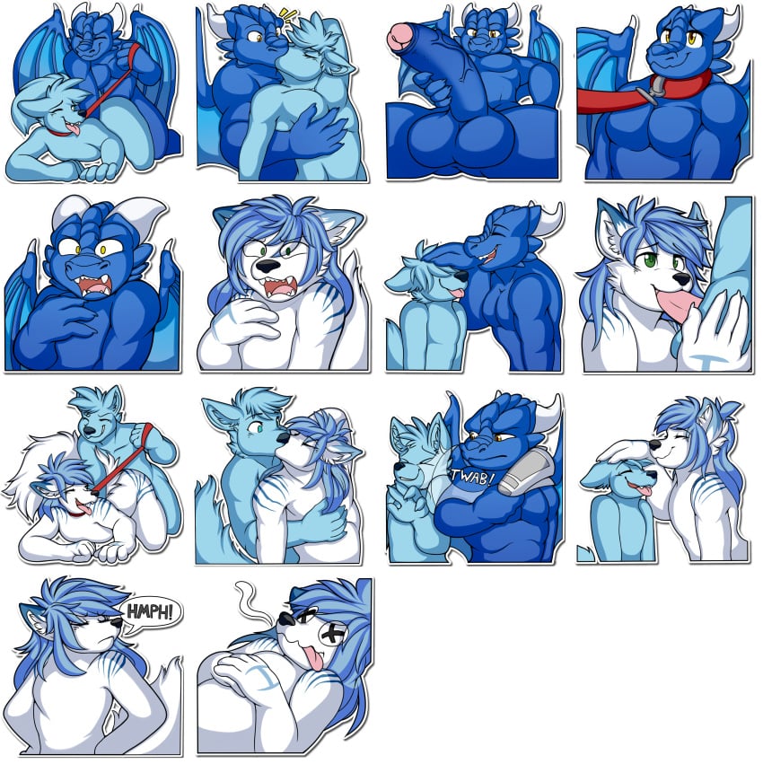 absurd_res anal anal_sex annoyed anthro balls basilthedragon big_penis blue_body blue_scales canid canine collar doggy_style dragon duo expressions fainted fellatio from_behind_position genitals hair hi_res horn humanoid kissing long_hair male male/male mammal manspreading oral penetration penile penis scales scalie sex solo sticker_pack stickers stroking stroking_penis western_dragon wings ych_(character)