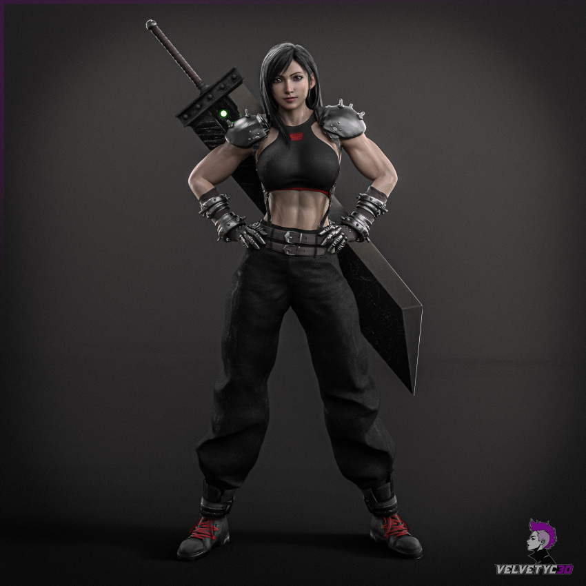 3d 3d_(artwork) abs buster_sword cloud_strife_(cosplay) cosplay fantasy female_only final_fantasy final_fantasy_vii final_fantasy_vii_remake fit_female long_hair muscles muscular_female soldier tifa_lockhart velvetyc3d velvetyc3d_(artist) weapon