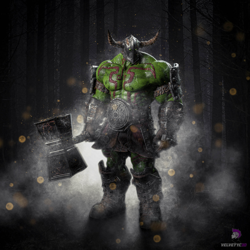 3d 3d_(artwork) dark_forest fantasy forest huge_muscles male_only muscles muscular muscular_male nipples orc orc_male velvetyc3d warrior weapon