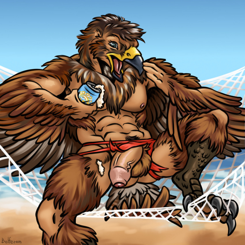 accipitrid accipitriform alcohol anthro avian balls beach beer belfezon beverage beverage_can bird clothing eagle exposed flaccid foreskin genitals hammock hi_res male male_only muscular nipples penis pubes seaside solo thong torn_clothing transformation underwear vein veiny_penis