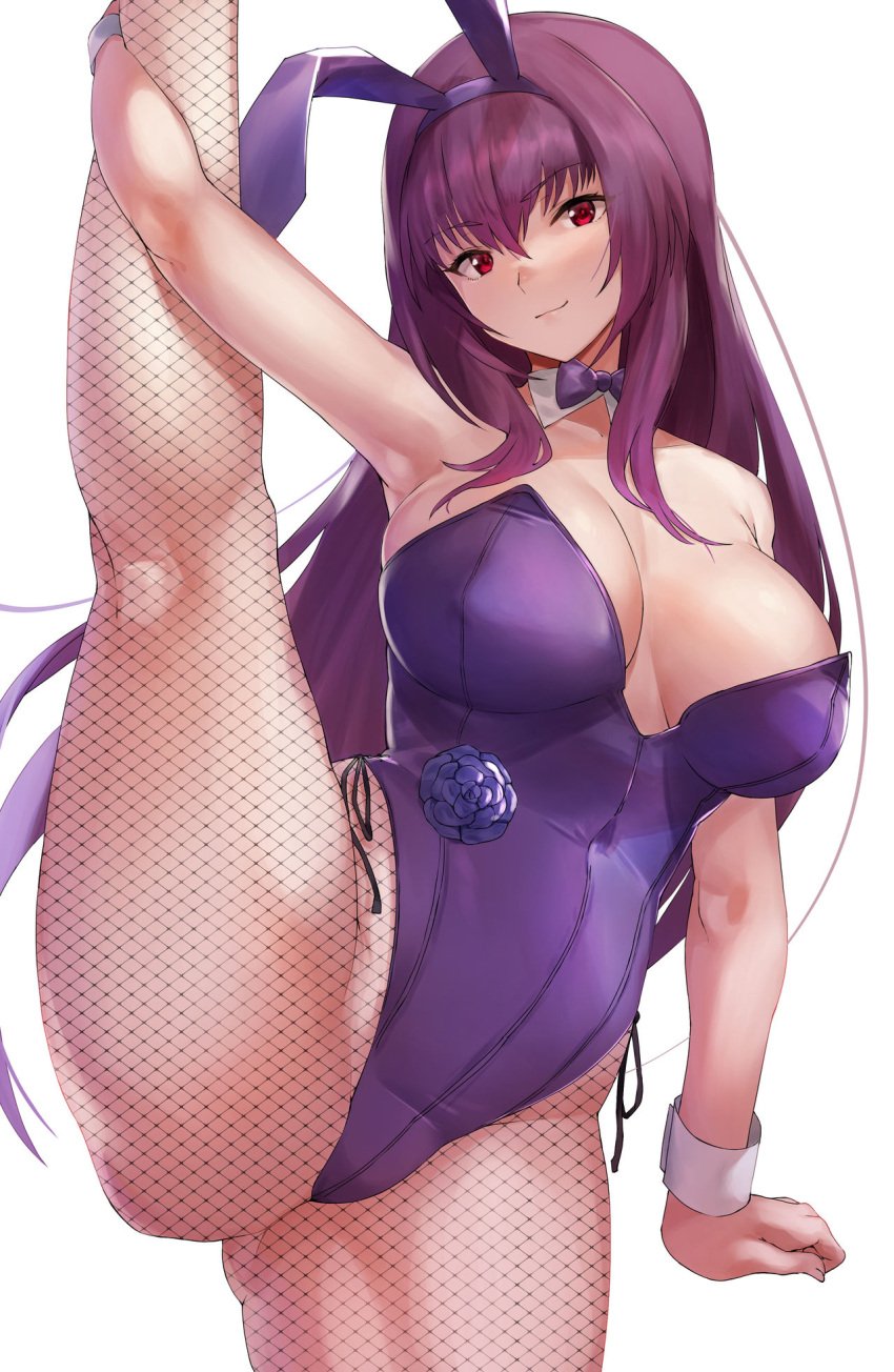 1girls big_breasts breasts bunny_ears bunnysuit fate/grand_order fate_(series) fishnet_legwear fishnets hotate-chan leg_lift scathach_(fate) scathach_(piercing_bunny) solo