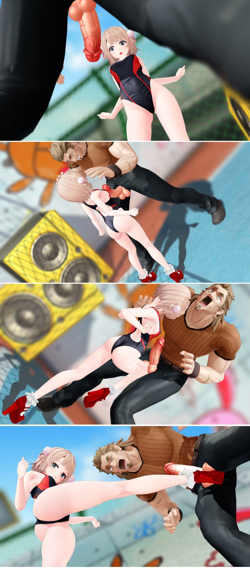 ballbusting femdom fully_clothed goatee high_heels indie_virtual_youtuber kicking_balls penis shigure_ui_(vtuber) swimsuit testicles virtual_youtuber yokobb