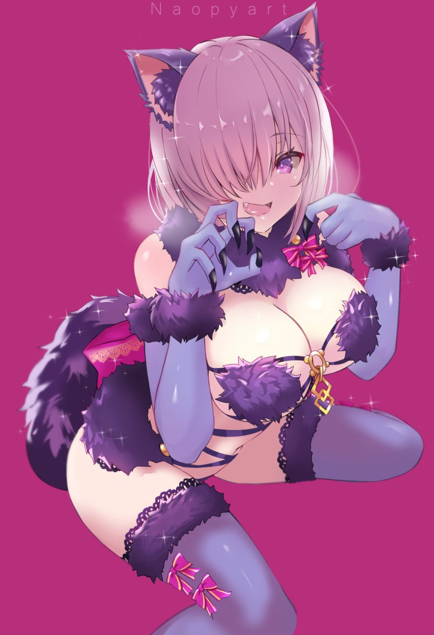 1girls animal_ears breasts cleavage cute_fang elbow_gloves fate/grand_order fate_(series) female fur_bikini hair_over_one_eye hi_res hips huge_breasts light-skinned_female light_skin mash_kyrielight mash_kyrielight_(dangerous_beast) naopyart pink_hair purple_eyes short_hair slim_waist tail tail_accessory thick_thighs thighhighs thighs wide_hips wolf_costume wolf_ears