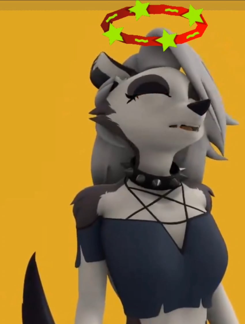 black_collar black_eyes black_nose black_tail blue_shirt bobas breasts closed_eyes dizzy furry grey_fur grey_hair hellhound helluva_boss loona_(helluva_boss) open_mouth seeing_stars tongue_out unconscious wolf wolf_ears wolf_girl wolf_tail