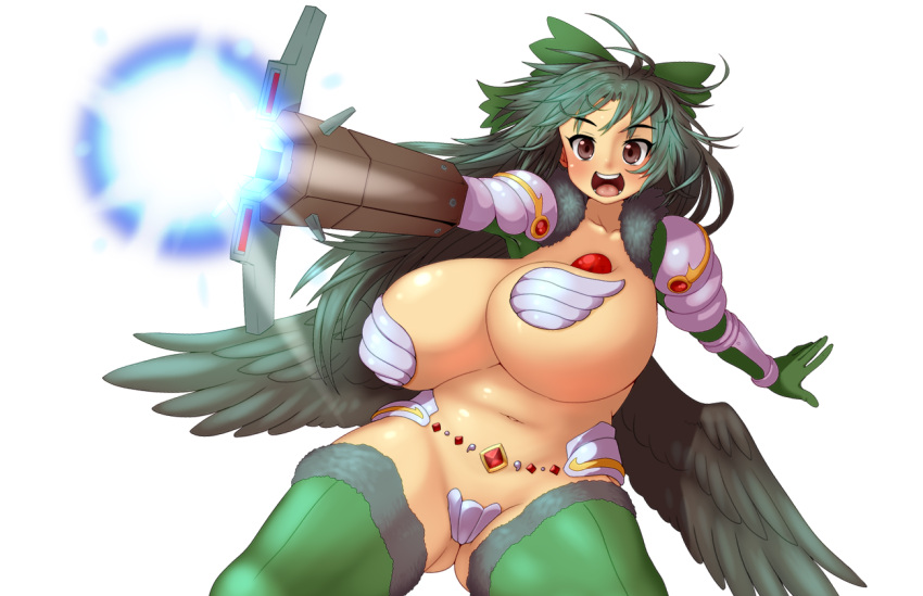 :d arm_cannon armor belly blue_hair blush bouncing_breasts bow breasts brown_eyes curvy d.koutya female hairbow huge_breasts long_hair looking_at_viewer navel open_mouth pasties plump reiuji_utsuho reverse_bikini_armor reverse_outfit round_teeth smile solo teeth thick_thighs thighhighs thighs third_eye touhou transparent_background utsuho_reiuji weapon wings