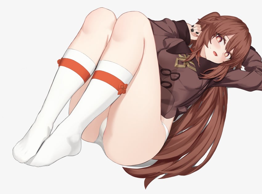 ayaya black_fingernails blush blush breasts brown_hair clothed clothed_female female_focus genshin_impact hu_tao_(genshin_impact) long_hair red_eyes small_breasts socks symbol-shaped_pupils underwear