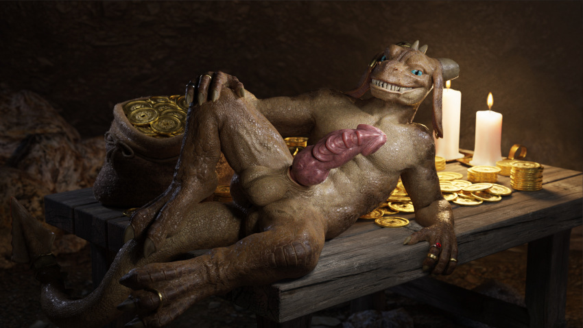 2022 anthro aquafreeze balls candle cave claws coin erection furniture genitals gold_(metal) gold_coin hi_res kobold looking_at_viewer lying male male_only medallion nude on_back penis presenting presenting_penis reptile ring scalie solo spread_legs spreading table