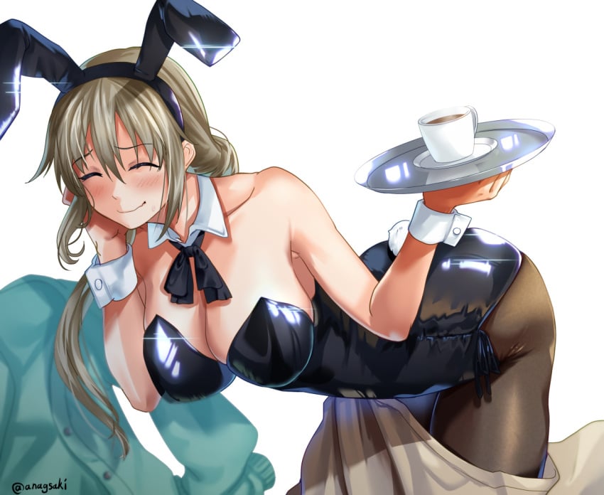 1girls animal_ears aona_(anagasaki) bangs bare_shoulders black_leotard blush breasts brown_pantyhose cleavage closed_eyes cup detached_collar fake_animal_ears female grey_hair hair_over_shoulder highleg highleg_leotard large_breasts leaning_forward leotard long_hair mature mature_female milf pantyhose playboy_bunny rabbit_ears rabbit_tail smile solo tail teacup thighs tray uzaki-chan_wa_asobitai! uzaki_tsuki wrist_cuffs