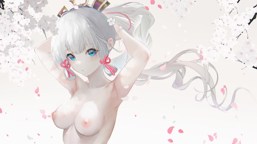 1girls armpits blue_eyes breasts cleavage erect_nipples exposed_breasts female flower flower_petals genshin_impact high_ponytail kamisato_ayaka light-skinned_female light_skin looking_at_viewer medium_breasts mole mole_under_eye nipples no_bra omone_hokoma_agm pale-skinned_female pale_skin ponytail sideboob solo sweat topless tying_hair white_hair