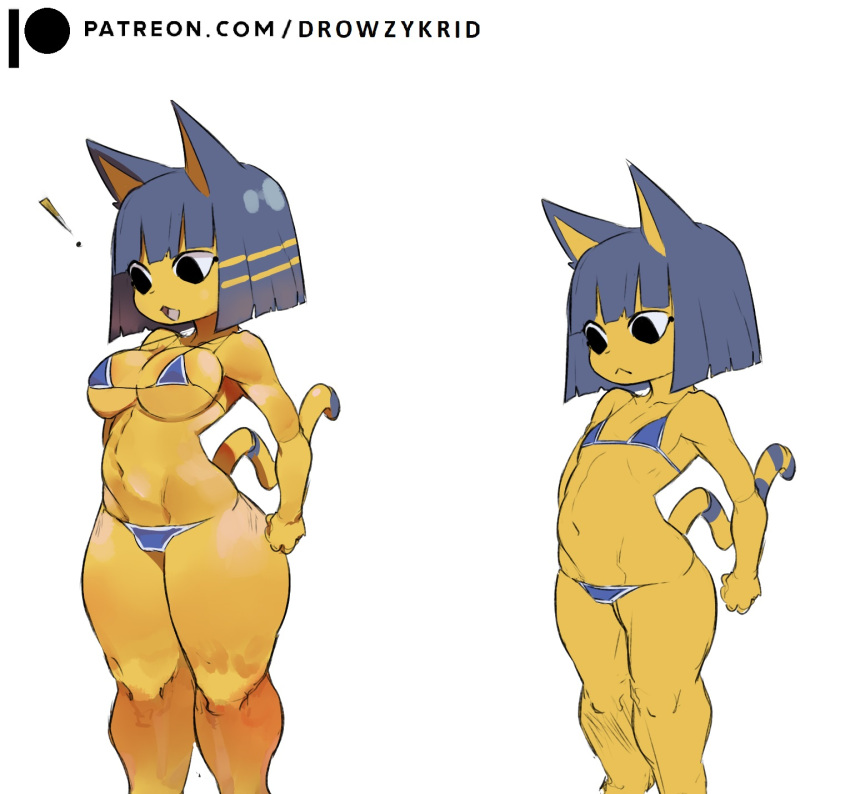 animal_crossing ankha anthro areola big_breasts blue_hair breasts egyptian feline female hi_res krid_(artist) looking_at_viewer nintendo nipples nude simple_background smaller_female solo striped_tail stripes thick_thighs thighs video_games wraps yellow_fur