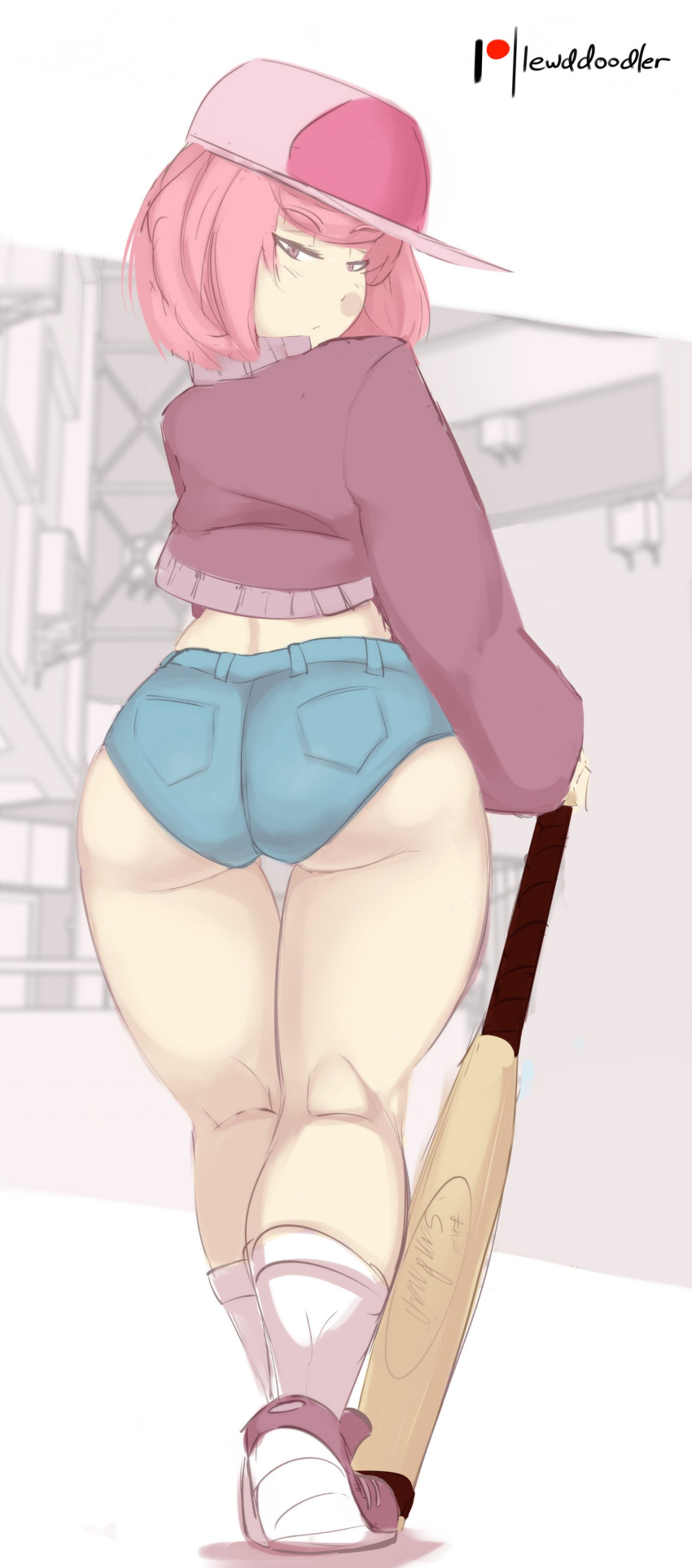 1girls ass baseball_bat big_ass bubble_butt clothing cropped_jacket dat_ass doki_doki_literature_club fat_ass female female_only hat huge_ass jacket jean_shorts lewddoodler looking_at_viewer looking_back natsuki_(doki_doki_literature_club) pink_hair sandman shorts solo the_sandman thick_thighs wide_hips