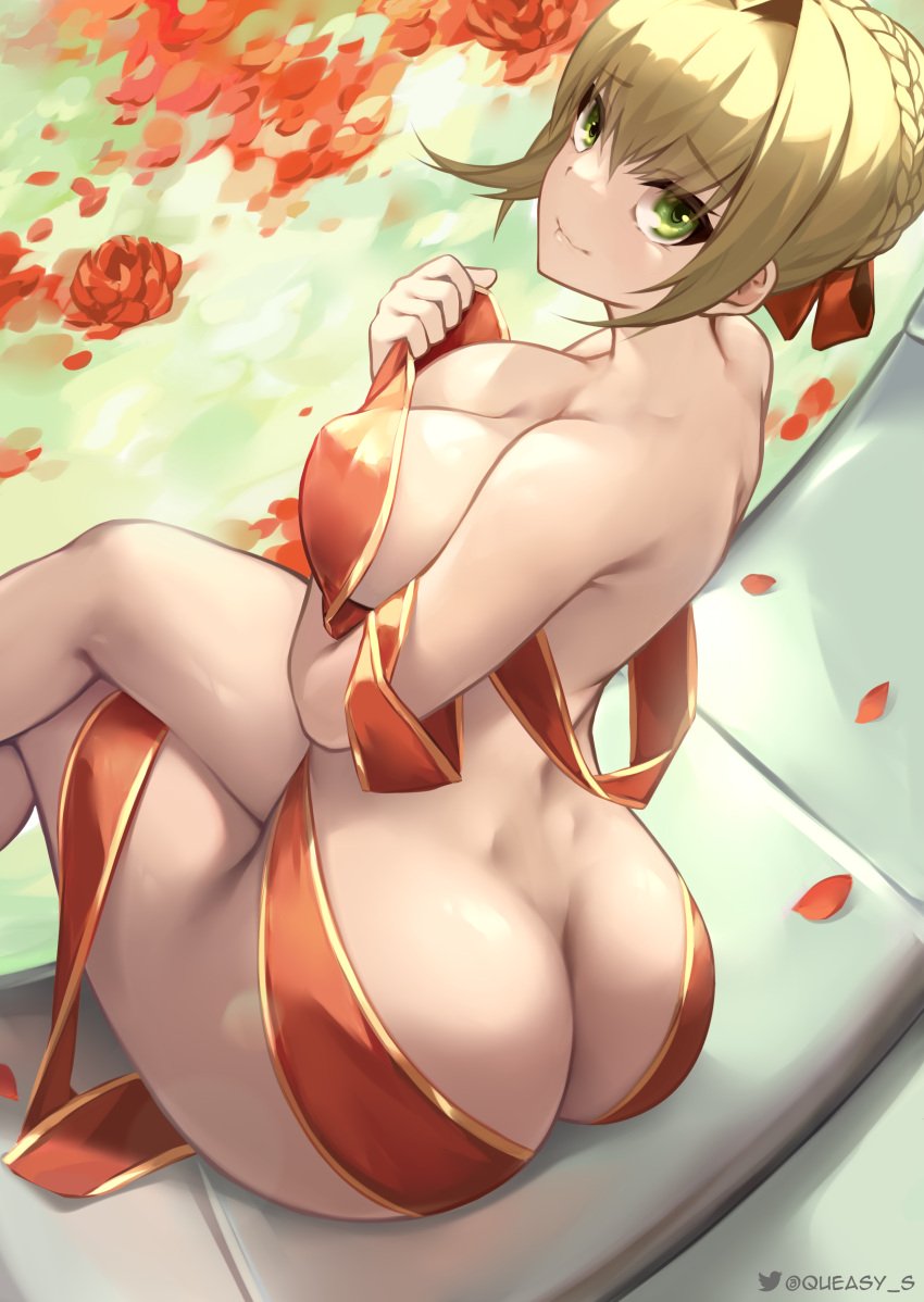 1girls ass big_ass big_breasts big_butt blonde_hair breasts eye_contact fate/grand_order fate_(series) female female_ass female_focus female_only green_eyes light_skin looking_at_viewer nero_claudius_(fate) queasy_s sitting solo thick_ass thick_thighs thighs