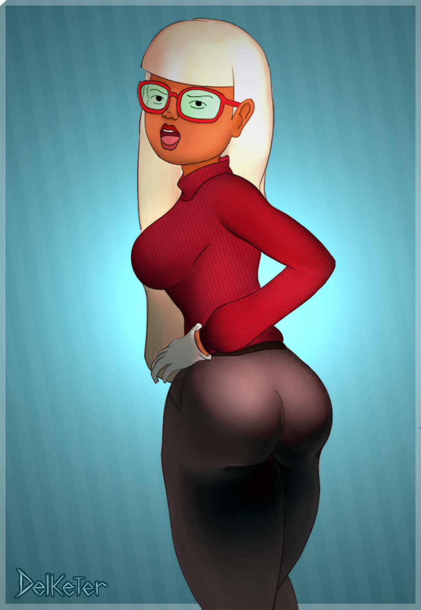 ass blonde_hair brown_skin coco_diablo dark-skinned_female glasses gloves looking_at_viewer looking_back scooby-doo shiny_clothes trick_or_treat_scooby-doo turtleneck_sweater