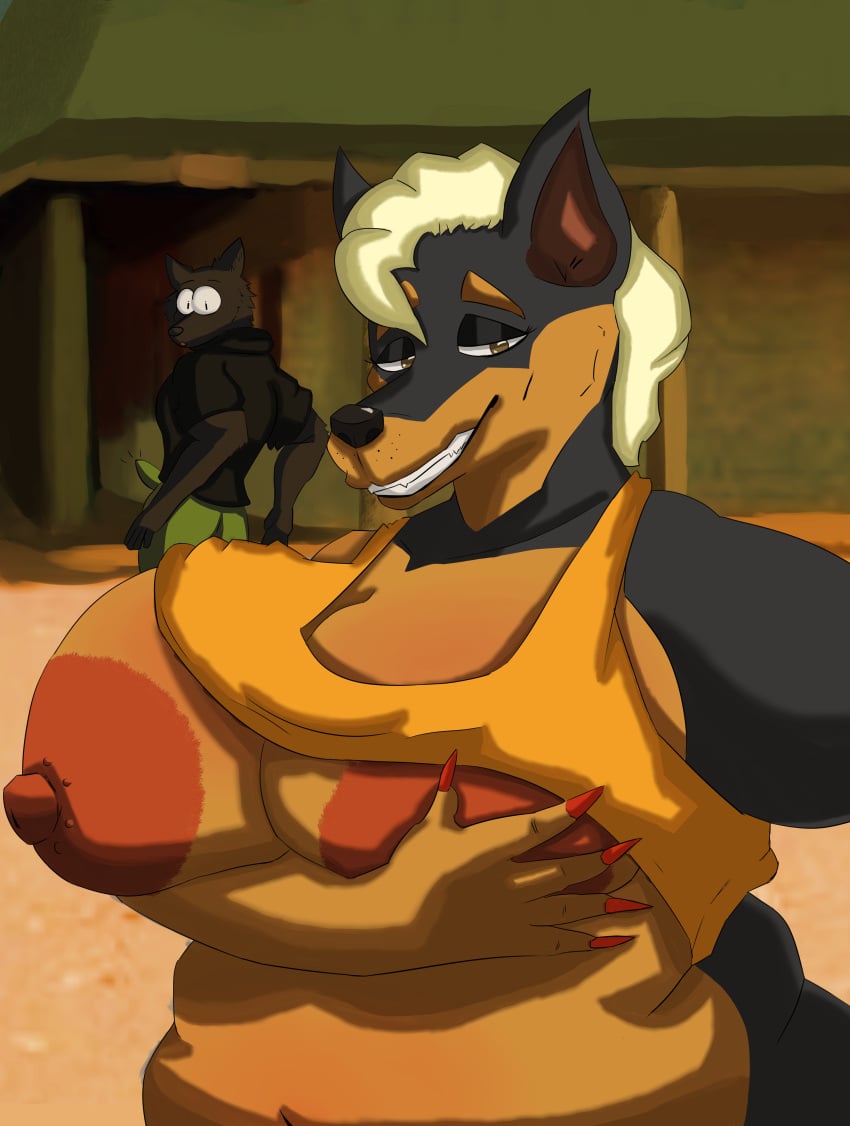 absurd_res anthro belly_blush big_breasts blush body_blush breasts canid canine canis caught chat dobermann domestic_dog female hi_res holding_breast huge_breasts hyper hyper_breasts instagram male male/female mammal nipples overweight pinscher smutbank08