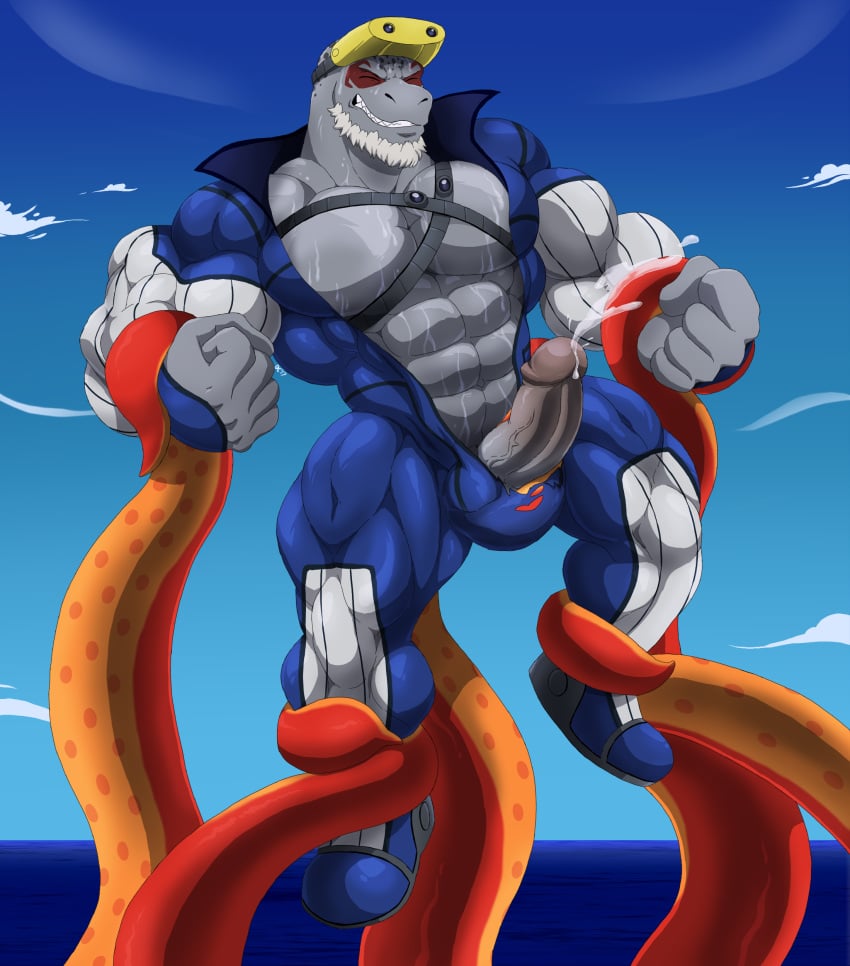 anthro balls bara barazoku beard boner bound_by_tentacles closed_eyes cum dirty-canvas erection eye_markings facial_hair furry gay grey_body male male_only marine muscles muscular my_hero_academia orgasm penis ripped_clothing seal selkie_(my_hero_academia) solo solo_male spotted_seal tentacle tentacle_on_male wet wetsuit white_hair