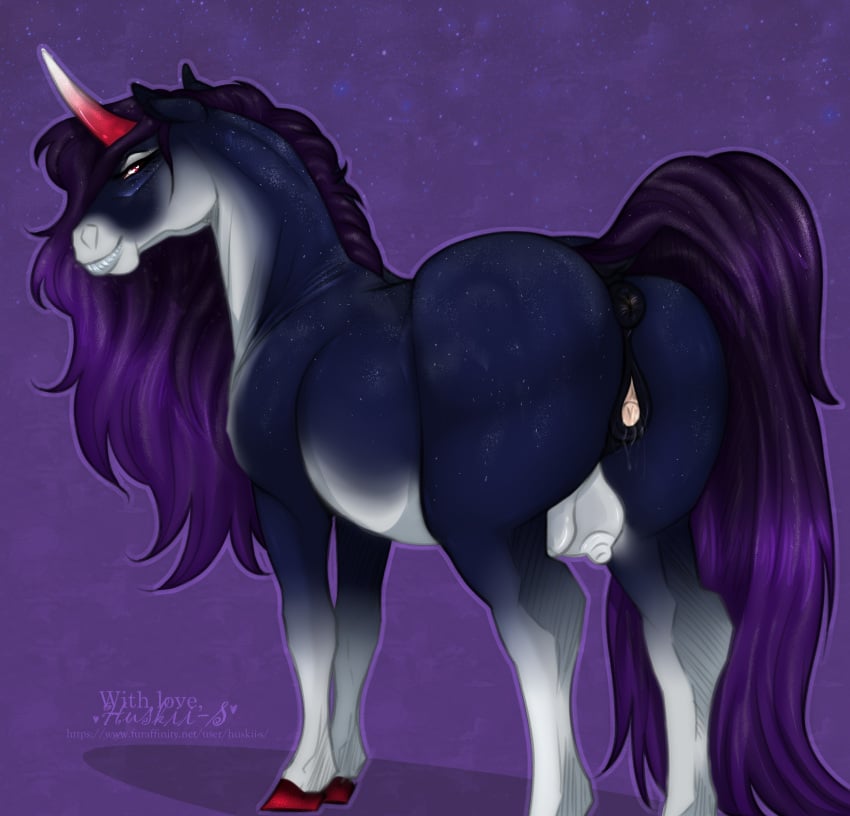 absurd_res anatomically_correct animal_genitalia animal_pussy crotchboobs equid equine equine_pussy female genitals hi_res hooves horn huskii-s mammal purple_tail pussy quadruped red_hooves ruby_(skuggamul) solo unicorn