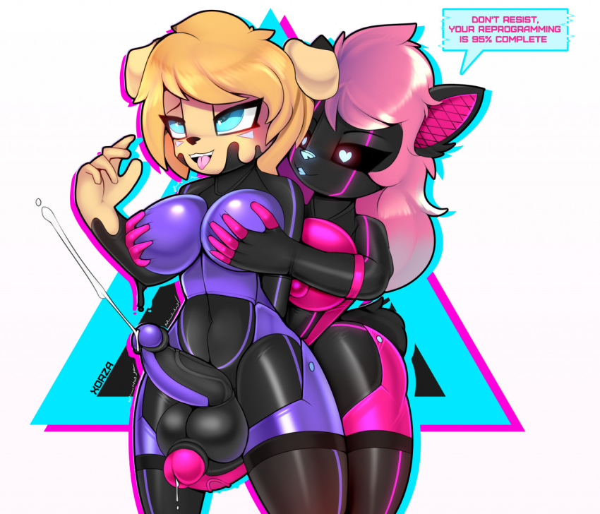 <3_eyes 2futas anthro balljob balls big_breasts big_penis black_balls black_penis black_sclera black_suit blonde_hair blue_eyes blue_nose bodysuit breast_grab breasts clothing cock_sleeve_(clothes) cum digital_drawing_(artwork) digital_media_(artwork) drone dronification duo ejaculation erection full_body_suit futa_on_futa futa_only futanari genitals glowing glowing_genitalia gynomorph gynomorph/gynomorph hair hand_on_breast hands-free handsfree_ejaculation heart humanoid_genitalia humanoid_penis intersex intersex/intersex looking_pleasured open_mouth orgasm penis penis_and_testicles_touching penis_touching_balls pink_hair pink_penis pink_suit purple_penis purple_suit rubber rubber_clothing rubber_creature rubber_suit simple_background skinsuit smile speech_bubble standing tight_clothing tongue tongue_out transformation triangle_(shape) vein veiny_penis white_background white_eyes xorza