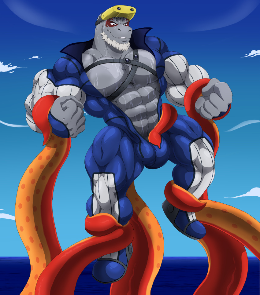 anthro balls bara barazoku beard bound_by_tentacles bulge dirty-canvas eye_markings facial_hair furry gay grey_body male male_only marine muscles muscular my_hero_academia penis seal selkie_(my_hero_academia) solo solo_male spotted_seal tentacle tentacle_on_male wet wetsuit white_hair