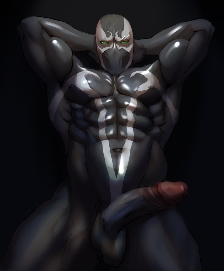 2020 abs absurd_res balls biceps black_background black_balls black_body black_penis demon foreskin genitals glans glistening glistening_body green_eyes half-erect hands_behind_head hellspawn hi_res humanoid image_comics light looking_at_viewer male male_focus male_only markings mortal_kombat mortal_kombat_11 mouthless muscular muscular_humanoid muscular_male navel netherrealm_studios not_furry not_furry_focus nude pecs penis pink_glans retracted_foreskin sedo sedo_(usingincognito) shadow simple_background solo spawn spawn_(series) usingincognito white_markings