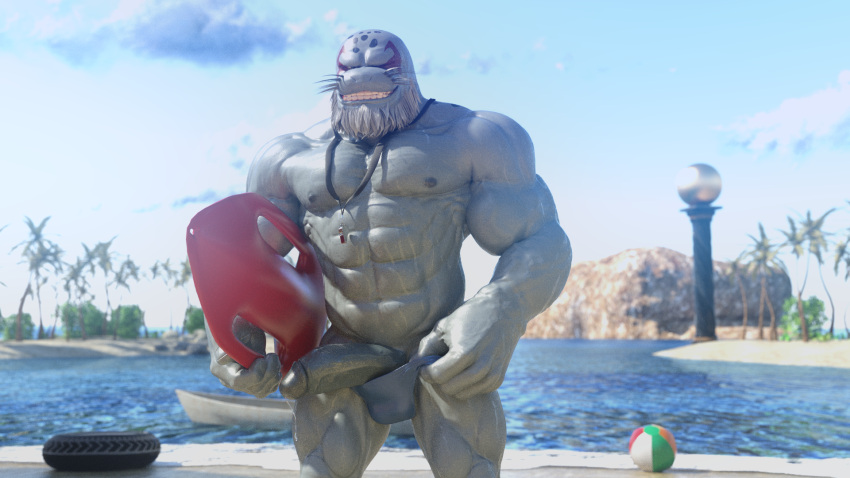 3d 3d_(artwork) anthro balls bara barazoku beach beard big_penis boner darkviperbara erection eye_markings facial_hair furry gay grey_body grin looking_at_viewer male male_only marine muscles muscular my_hero_academia one_eye_closed penis penis_out seal selkie_(my_hero_academia) smiling smiling_at_viewer solo solo_male speedo spotted_seal wet whiskers whistle whistle_around_neck white_hair winking winking_at_viewer