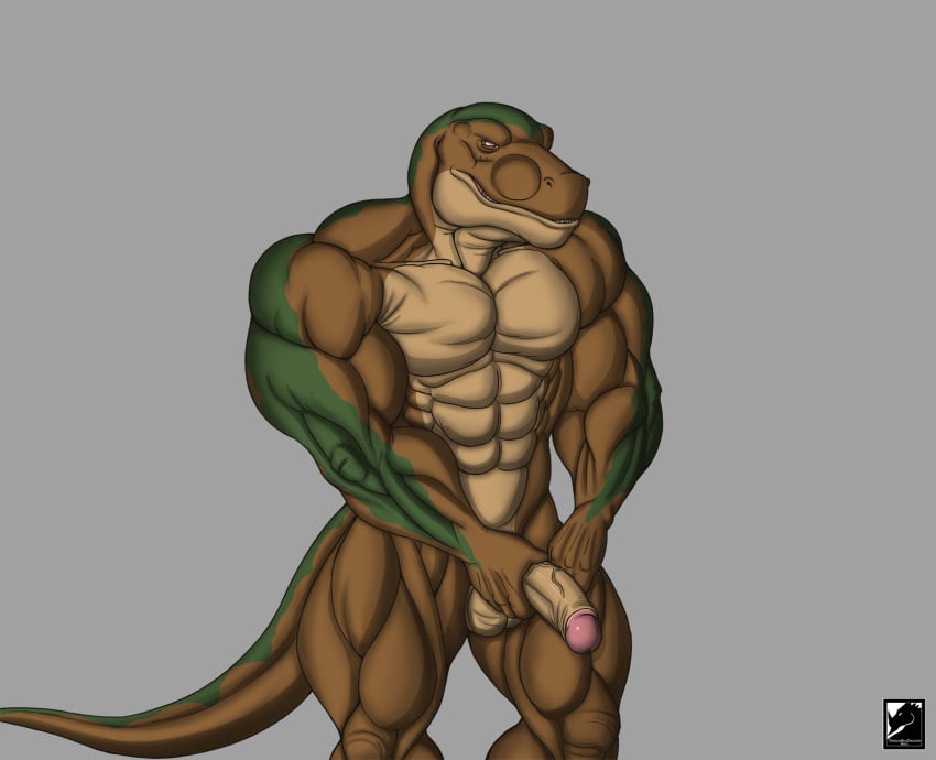 abs anthro balls biceps big_muscles dinosaur foreskin genitals hi_res humanoid_genitalia humanoid_hands humanoid_penis kevindragon male manly masturbation muscular muscular_anthro muscular_male nude pecs penis quads reptile scales scalie simple_background solo solo_focus theropod troojhar tyrannosaurid tyrannosaurus tyrannosaurus_rex