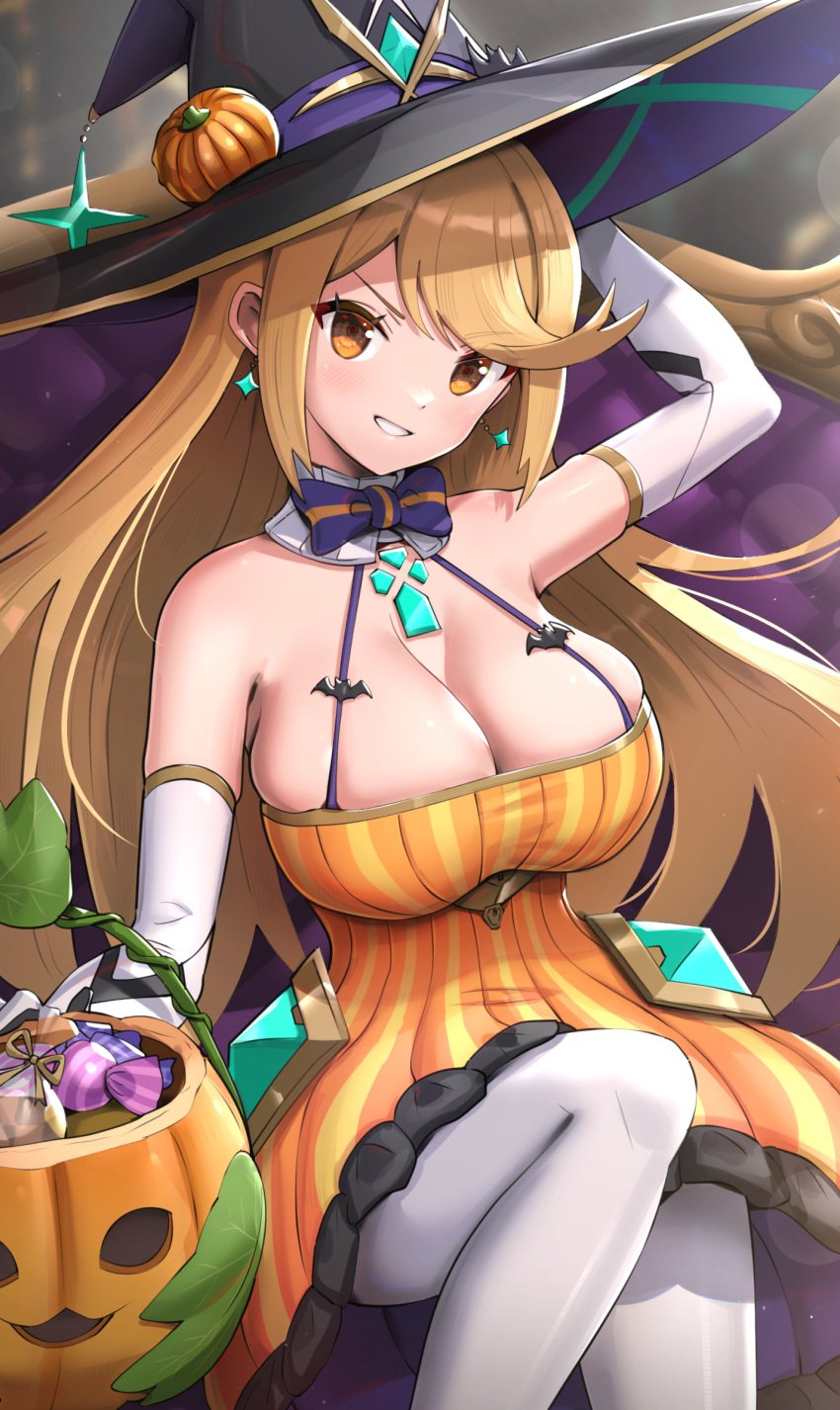 1girls alternate_breast_size alternate_version_available arm_up bangs blonde_hair bowtie breasts candy cleavage core_crystal detached_collar detached_sleeves earrings female female_focus female_only gold_eyes gonzarez halloween hat hi_res huge_breasts large_hat latex leggings light_blush long_hair looking_at_viewer mythra nintendo orange_clothing pumpkin sitting smile swept_bangs thick_thighs thighs white_leggings witch witch_costume witch_hat xenoblade_(series) xenoblade_chronicles_2