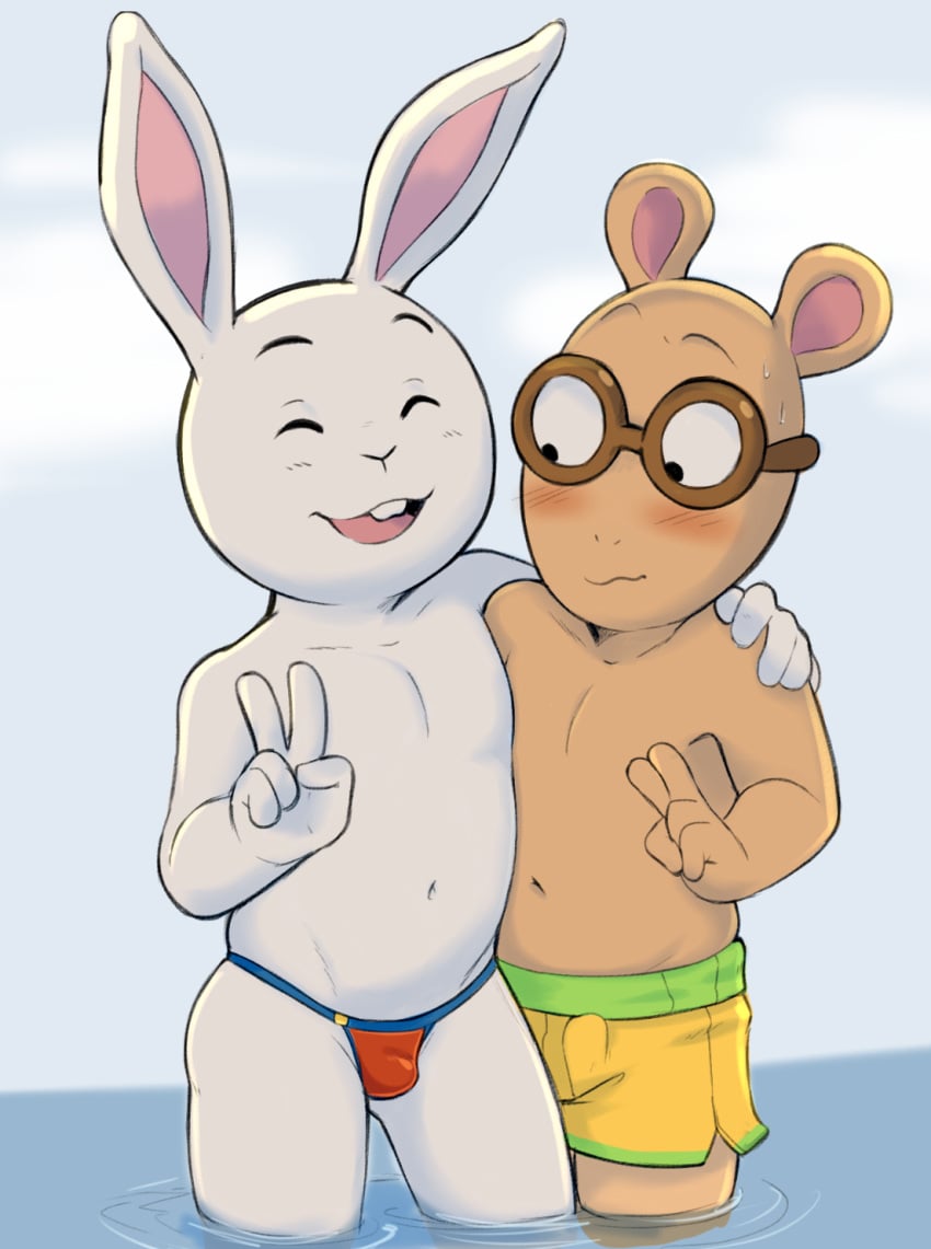 2boys aardvark animal_ears arthur_(series) arthur_read blush bunny bunny_ears buster_baxter clothing cub dandi erection erection_under_clothes furry high_resolution in_water little_penis male male_focus male_only megane multiple_boys penis smile standing standing_in_water sweat swim_briefs swimsuit v water