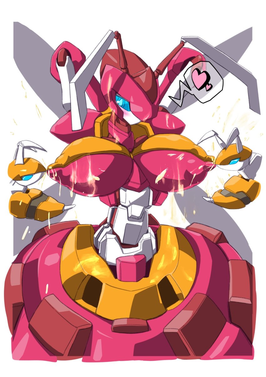 antennae_(anatomy) anthro arthropod bee big_breasts blue_eyes blue_sclera blush bodily_fluids breastfeeding breasts capcom ebikanianiki female hands_behind_head heart hi_res hymenopteran insect_wings insects lactating machine marokko mega_man mega_man_zx_advent milk milk_on_body milk_on_breasts pink_body pseudoroid queenbee_the_hymenopteroid robot simple_background small_waist solo speech_bubble stinger video_games white_background white_body wings