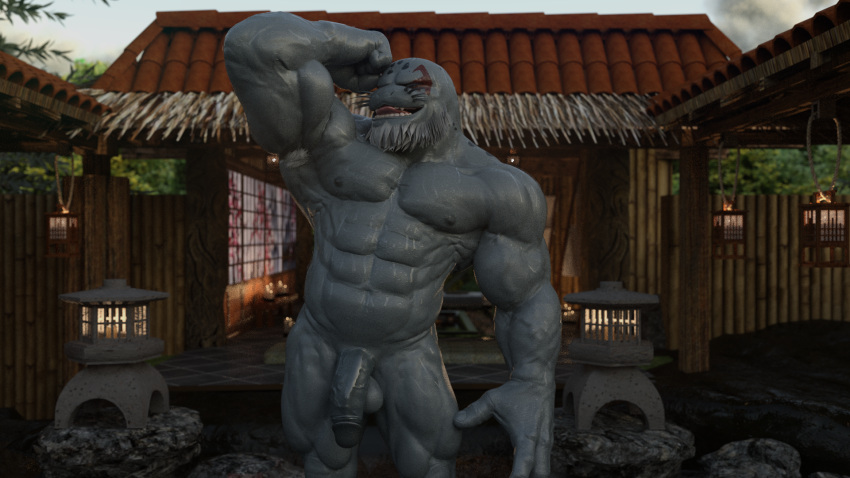 3d 3d_(artwork) anthro balls bara barazoku beard darkviperbara eye_markings facial_hair flexing furry gay grey_body male male_only marine muscles muscular my_hero_academia penis seal selkie_(my_hero_academia) solo solo_male spotted_seal sweaty tongue_out whiskers white_hair