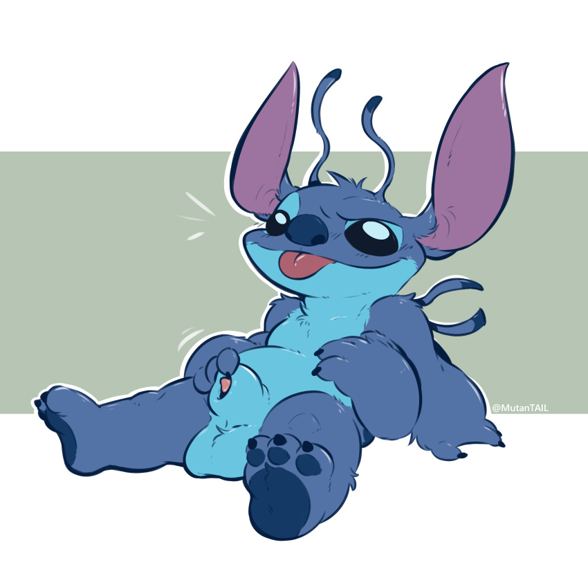 absurd_res alien animal_genitalia anthro balls blep blue_body blue_fur disney experiment_(lilo_and_stitch) fingering_sheath fully_sheathed fur genitals hi_res lilo_and_stitch male male_only mutantail necktie pawpads penis sheath solo stitch stitch_(lilo_and_stitch) tongue tongue_out