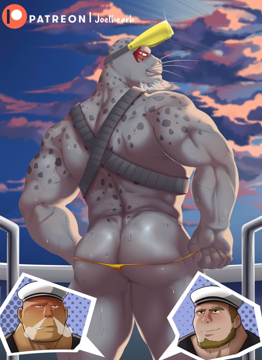 anthro ass balls bara barazoku beard big_ass blush eye_markings facial_hair furry gay grey_body joelbearb looking_at_viewer looking_back male male_only marine muscles muscular my_hero_academia oki_mariner_crew penis seal selkie_(my_hero_academia) spotted_seal sweaty thong undressing whiskers white_hair