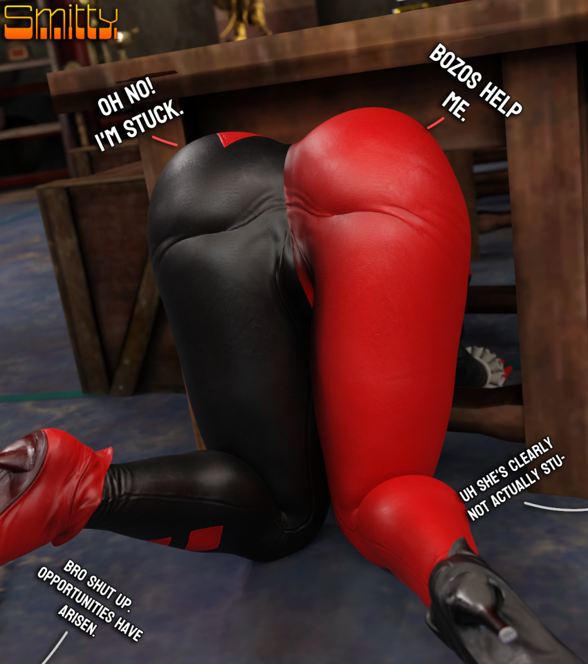 3d 3d_(artwork) batman:_arkham_knight batman_(series) big_ass blender_(software) dc dc_comics harley_quinn harley_quinn_(classic) harley_quinn_(injustice) horny_female injustice_2 large_ass legs_crossed makeup offscreen_character pawg smitty34 stuck supervillainess tagme text thick_thighs villainess