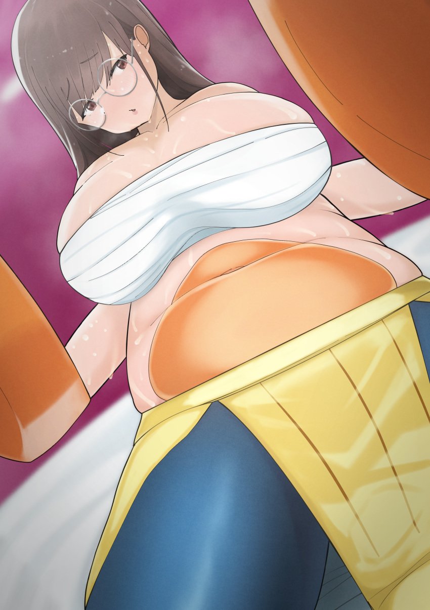 big_breasts breasts brown_eyes brown_hair chubby cosplay crossover_cosplay glasses hariyama_(cosplay) huge_breasts idolmaster idolmaster_shiny_colors large_breasts nintendo oversized_gloves pokemon pokemon_(cosplay) sarashi shiro_ichigo solo solo_female sonoda_chiyoko sweat