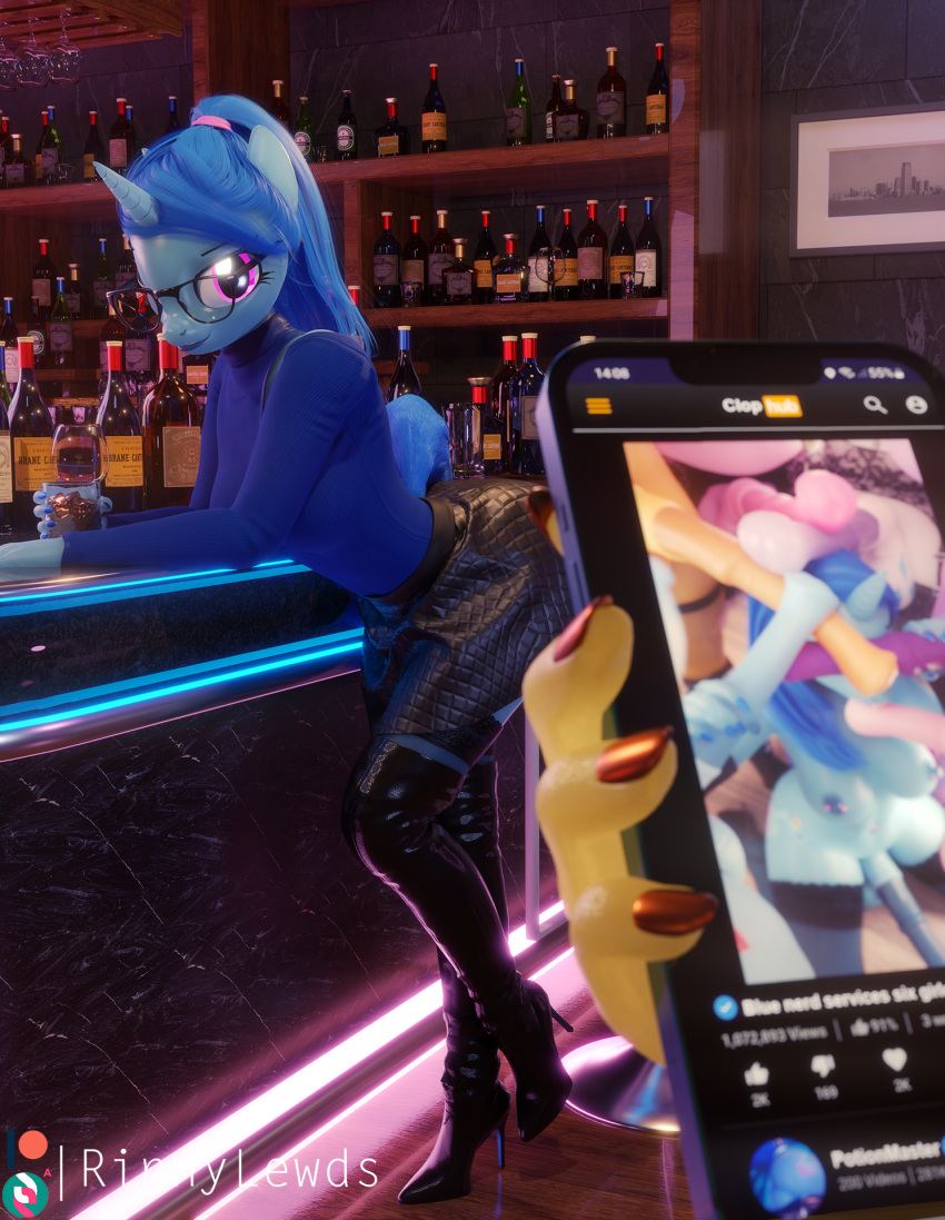 3d 3d_(artwork) 4futas anthro bar blue_hair boots bottomwear cellphone clothing container cup digital_media_(artwork) drinking_glass equid equine eyewear fan_character footwear futanari gangbang genitals glass glass_container glass_cup glasses group group_sex gynomorph gynomorph/gynomorph hair hasbro hi_res high_heeled_boots high_heels horn intersex intersex/intersex knee_boots knee_highs legwear long_sleeves lovebrew_(oc) mammal my_little_pony penis phone ponytail purple_eyes rinny sex skirt smartphone stockings tumbler unicorn