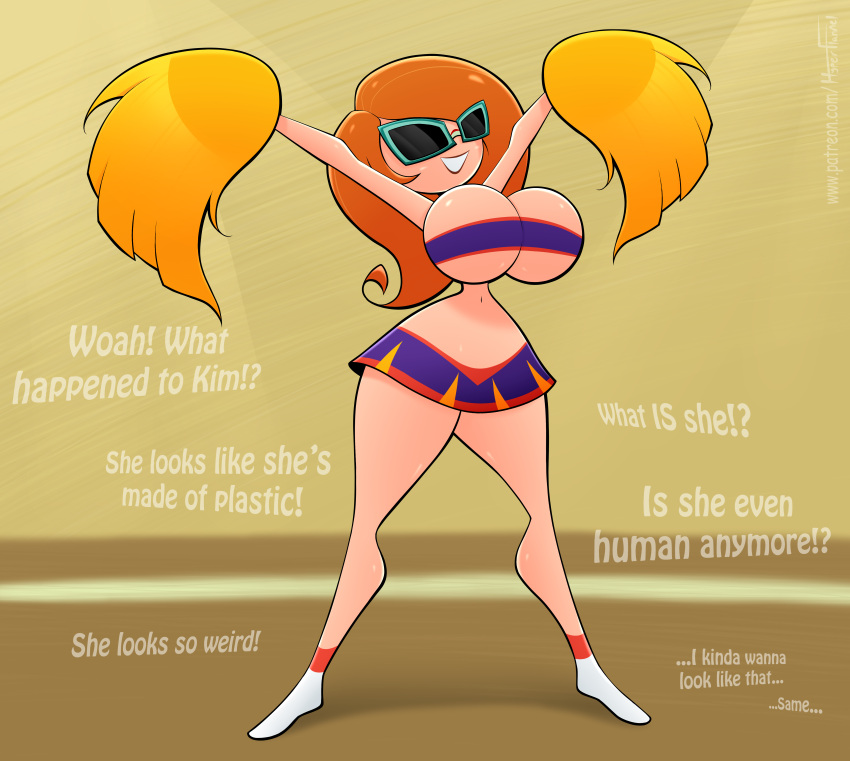 1girls alternate_breast_size big_breasts breasts cheerleader cheerleader_uniform cleavage dialogue disney disney_channel english_text female female_only hourglass_figure huge_breasts hyperflannel kim_possible kimberly_ann_possible knick_knack midriff permanent_smile pixar pom_poms red_hair solo sunglasses sunnification text thick_thighs transformation underboob url wide_hips