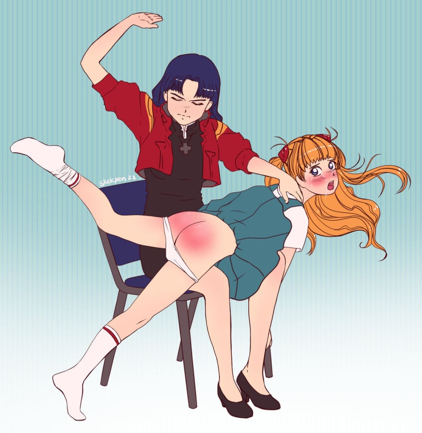 2girls angry ass asuka_langley_sohryu axfa blue_eyes blue_hair blush brat dress_raised_for_spanking embarrassed female female_only femdom femsub humiliation knee_socks kneehighs kneesocks looking_back misato_katsuragi multiple_girls neon_genesis_evangelion over_the_knee_spanking panties_down punishment red_ass red_hair schoolgirl_uniform skekpen skirt_up socks spanking tears white_socks