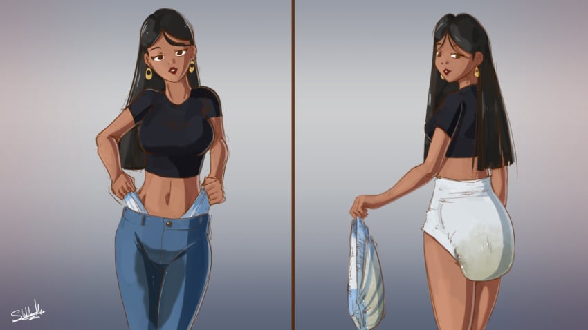 1girls big_breasts black_hair breasts dark-skinned_female dark_skin diaper earrings female jeans leaking_diaper messy_diaper modelling peeing_self pull-up_diaper scat sketchmandl soiling wet_diaper wetting_clothing