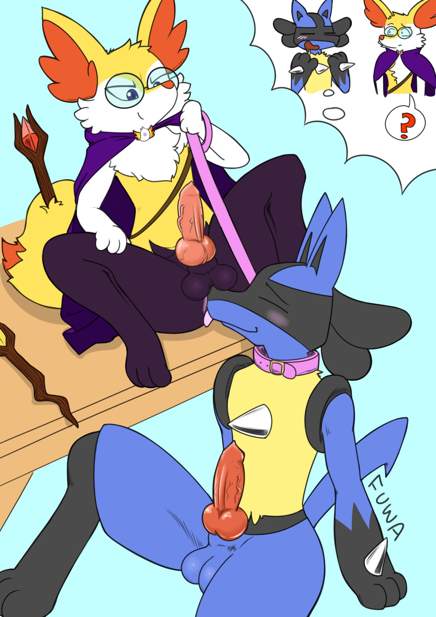 absurd_res anal animal_genitalia animal_penis anthro balls blush braixen canine_penis cape clothing collar digital_media_(artwork) dream duo eyewear fur furniture generation_4_pokemon generation_6_pokemon genitals glasses hi_res knot leash lucario magic_wand male male/male mr_fuwa nintendo oral penis pokémon_(species) pokemon pokemon_(species) purple_eyes question_mark rimming sex simple_background smile smirk spikes table video_games yellow_body yellow_fur