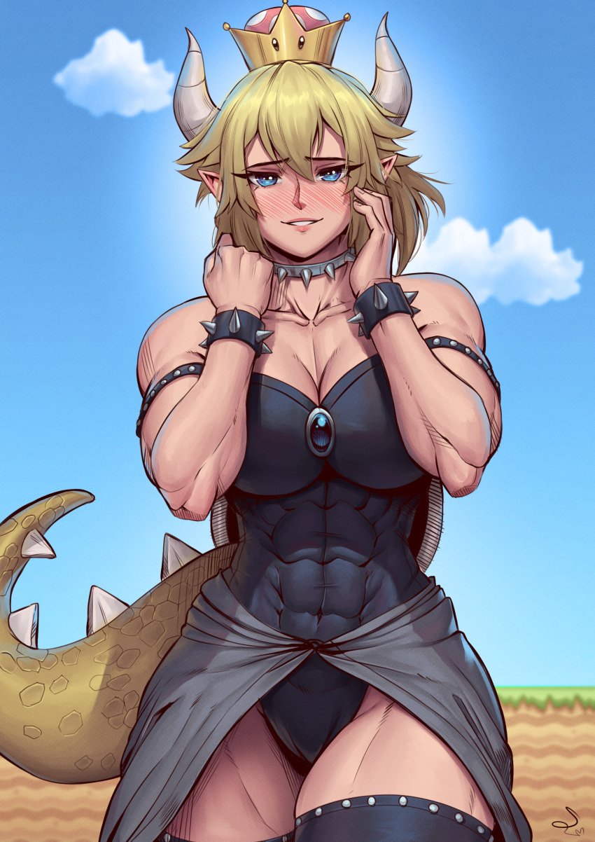 1girls 2022 armband bare_arms bare_shoulders big_breasts black_legwear black_leotard blonde_hair blue_eyes blush blush_lines blushing_at_viewer bowsette bracelet breasts cameltoe choker cleavage clothed clothed_female collar collarbone covered_breasts crown curvaceous curved_horn curved_horns curves curvy curvy_body curvy_female curvy_figure curvy_hips extreme_muscles eyebrows eyebrows_visible_through_hair eyelashes eyelashes_visible_through_hair female female_focus female_only hair_between_eyes hair_over_eyes hands_around_neck happy hi_res highres horns jacket_around_waist jewelry leotard light-skinned_female light_skin long_ears looking_at_viewer mario_(series) mature_female messy_hair mtf_transformation muscles muscular muscular_abs muscular_arms muscular_female muscular_legs muscular_thighs navel new_super_mario_bros._u_deluxe nintendo open_mouth outside rule_63 shell short_hair short_hair_female smile smiling smiling_at_viewer solo solo_female solo_focus speedl00ver spiked_armband spiked_bracelet spiked_collar spiked_shell spiked_tail standing super_crown tail thigh_highs thighhighs toned toned_arms toned_belly toned_body toned_female toned_legs toned_thighs yellow_tail