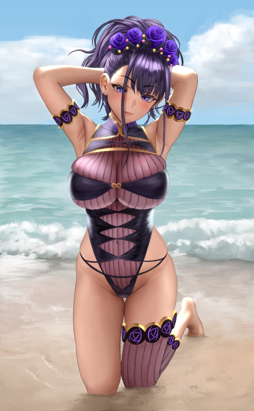 1girls armband armpits arms_behind_back arms_behind_head arms_up bangs barefoot beach big_breasts blush blushing_at_viewer breasts cleavage cloud clouds day fate/grand_order fate_(series) female female_focus female_only flower gold_trim hair_flower hair_ornament head_tilt hi_res high_resolution highleg highleg_swimsuit highres kneeling large_breasts light-skinned_female light_skin long_hair looking_at_viewer murasaki_shikibu_(fate) murasaki_shikibu_(swimsuit_rider)_(fate) murasaki_shikibu_(swimsuit_rider)_(first_ascension)_(fate) one-piece_swimsuit open_mouth purple_eyes purple_hair sand see-through shaved_armpit single_thighhigh skin_tight sky solo solo_female solo_focus swimsuit teeth thighhighs water waves yamaneko_(tkdrumsco)