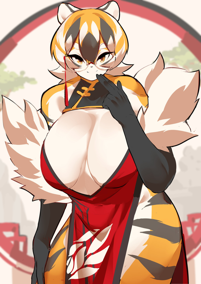 1girls amber_eyes anthro arknights aspirindabaitu big_breasts breasts china_dress chinese_clothes female looking_at_viewer mx99926 smile solo solo_female tagme tiger tiger_girl waai_fu_(arknights)